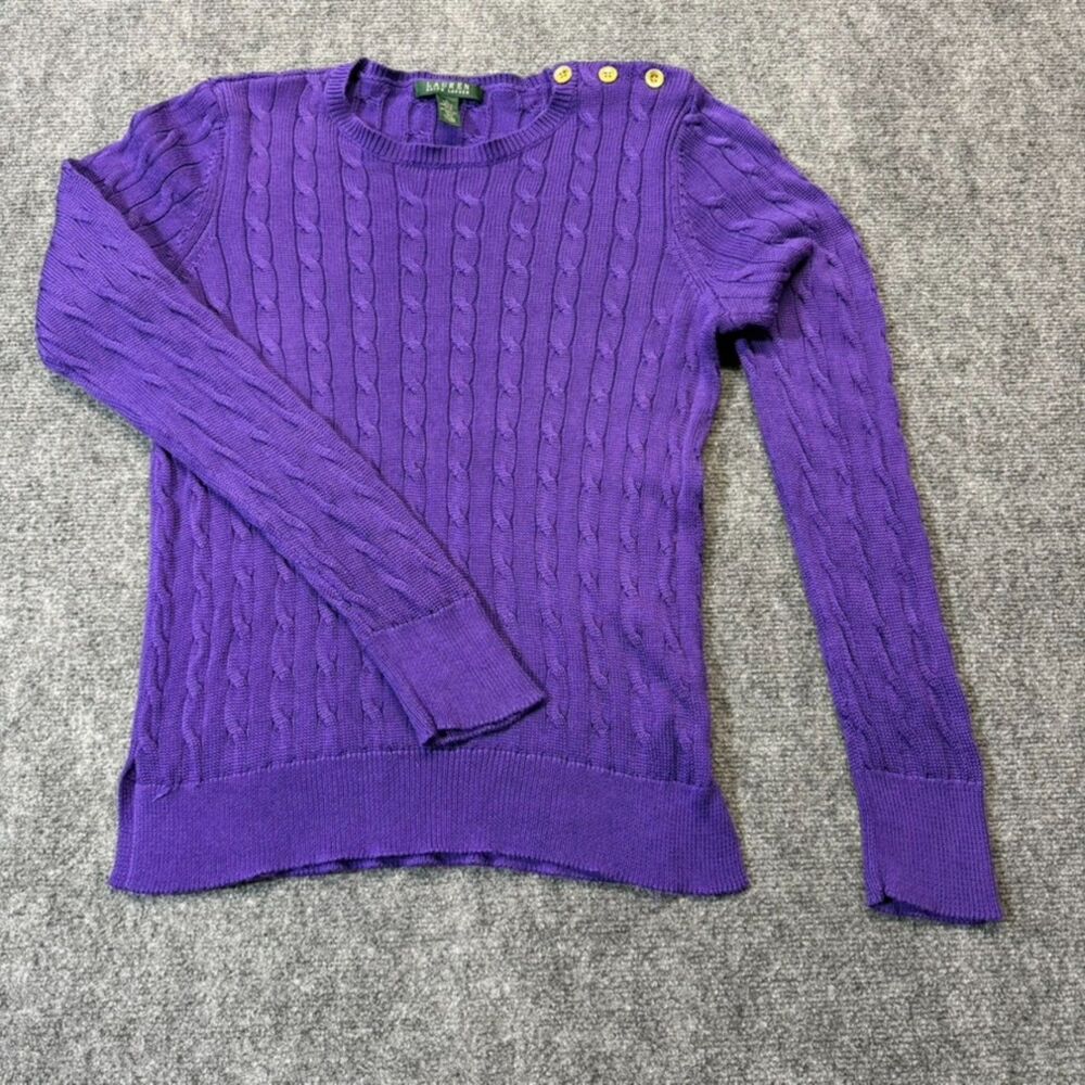 Lauren Ralph Lauren Women L Purple Cable Knit Sweater Shoulder Button Cotton